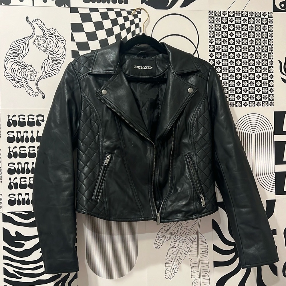 Joe Boxer Long Sleeve Black Faux Leather Zip-Up Jacket Size S Women’s